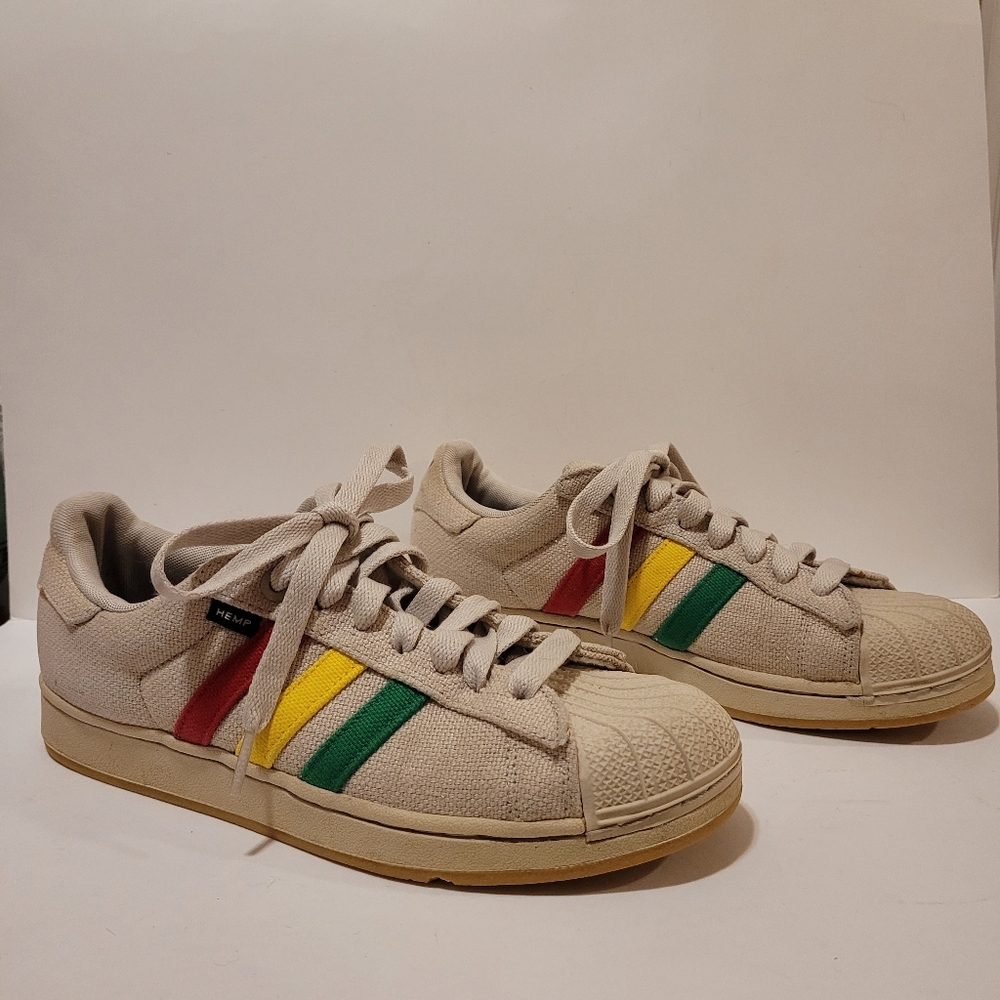Adidas Superstar "Hemp Rasta" Originals Tan/Khaki with Rasta Stripes Mens 8½